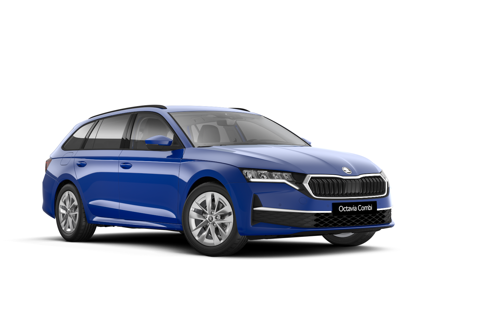 Modra Škoda Octavia Combi, parkirana na belem ozadju. Avto je družinski karavan z elegantnim dizajnom in sodobnimi linijami. Sprednja maska je opremljena z žarometi.