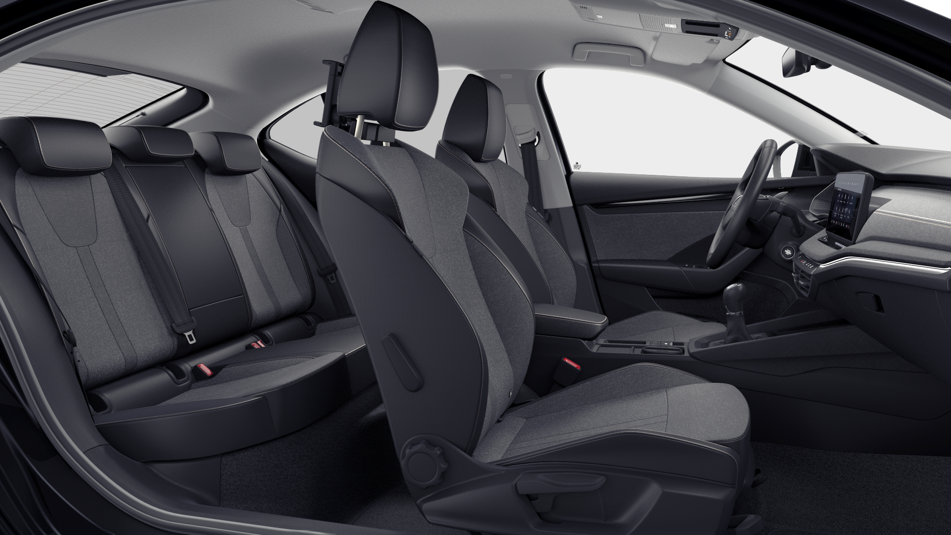 Notranjost sodobnega avtomobila Škoda Octavia s sivo-črnimi sedeži, kjer sta prednja dva sedeža ločena s široko sredinsko konzolo. Zadnji sedeži so videti udobni, z naslonjalom za glavo in varnostnimi pasovi. Ob strani sta vidna vrata, z ročaji in gumbi za upravljanje oken.