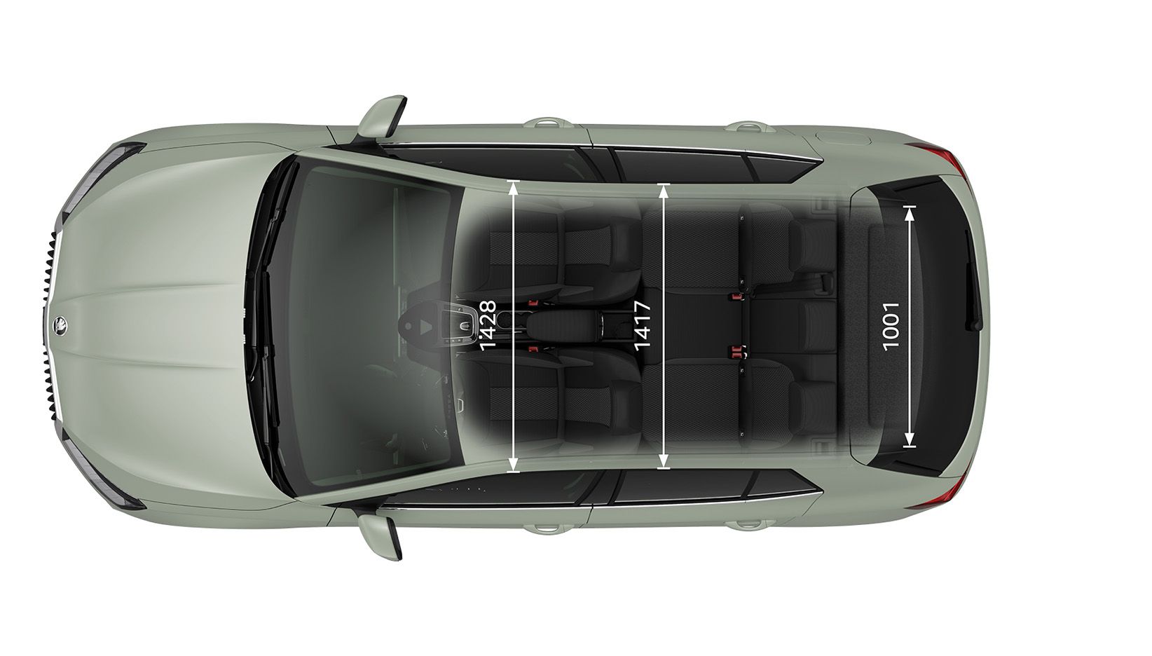 Pogled na model Škoda Fabia od spredaj, prikazane so mere notranjosti vozila.