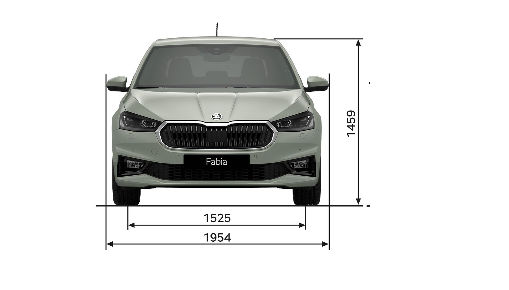 Pogled na model Škoda Fabia od spredaj, prikazane so mere vozila.