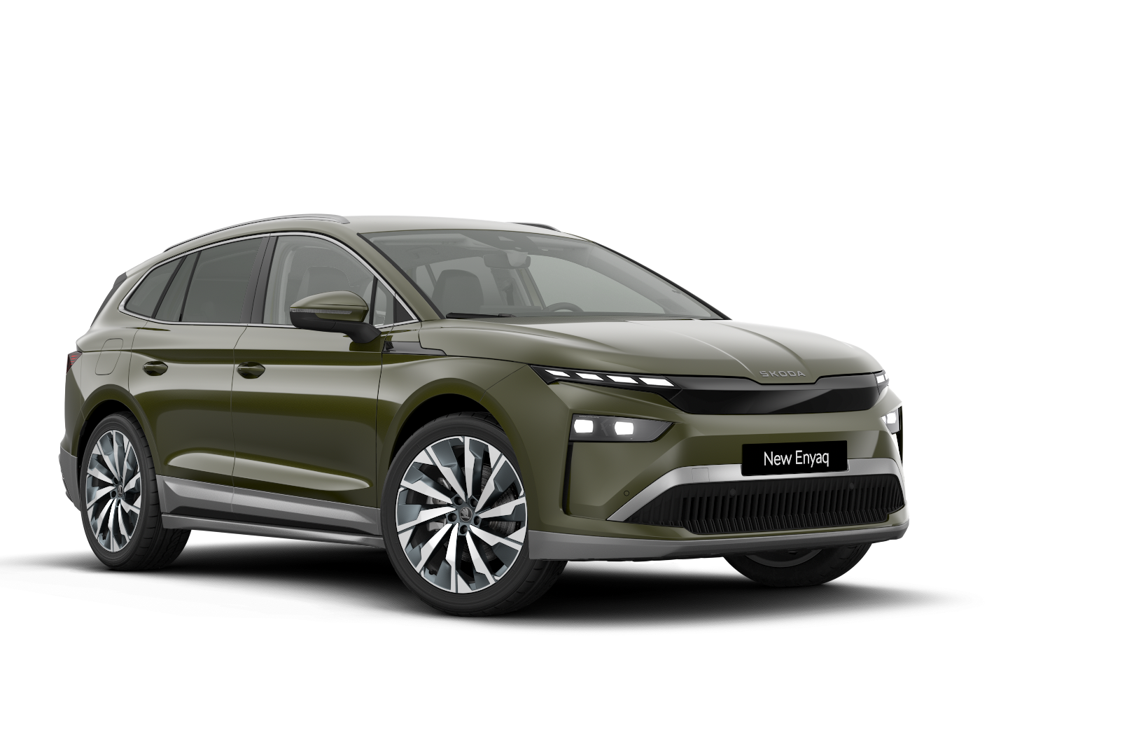 Škoda Enyaq schlammgrün schräge Frontansicht