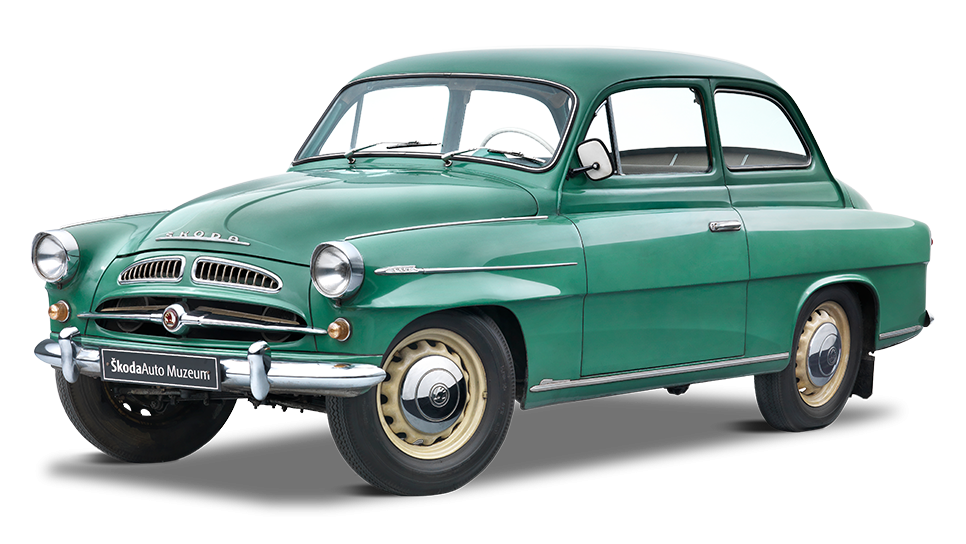 Zeleni klasični avtomobil znamke Škoda. Zasnova avtomobila spominja na stilizirano vozilo iz sredine 20. stoletja. Avtomobil ima štiri vrata in kromirane podrobnosti ter registrsko tablico "Škoda Auto Museum".