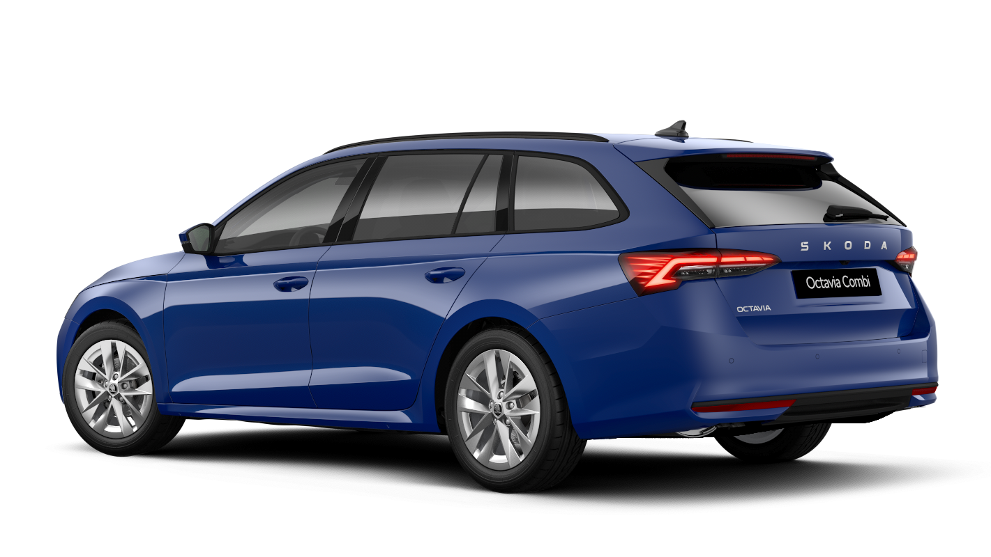 Modra Škoda Octavia Combi, z levega zadnjega kota. Avtomobil je karavanske oblike z zatemnjenimi stekli. Na zadnjem delu vozila je oznaka "SKODA".