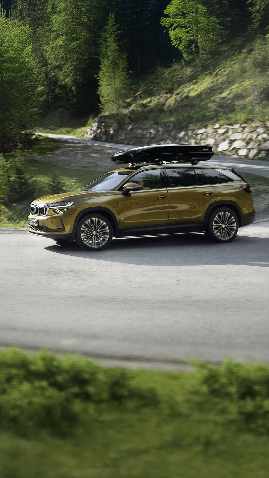 Rjav SUV Škoda Kodiaq z nameščenim strešnim kovčkom vozi po ovinkasti cesti sredi gozda. V ozadju so vidna drevesa in griči.