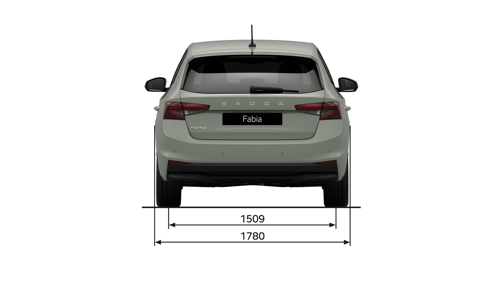 Pogled na model Škoda Fabia od zadaj, prikazane so mere vozila.